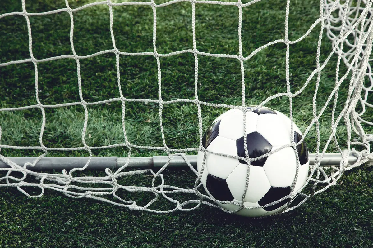 Soccer ball in the goal net.