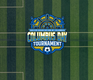 Soccer tournament logo on grass field.