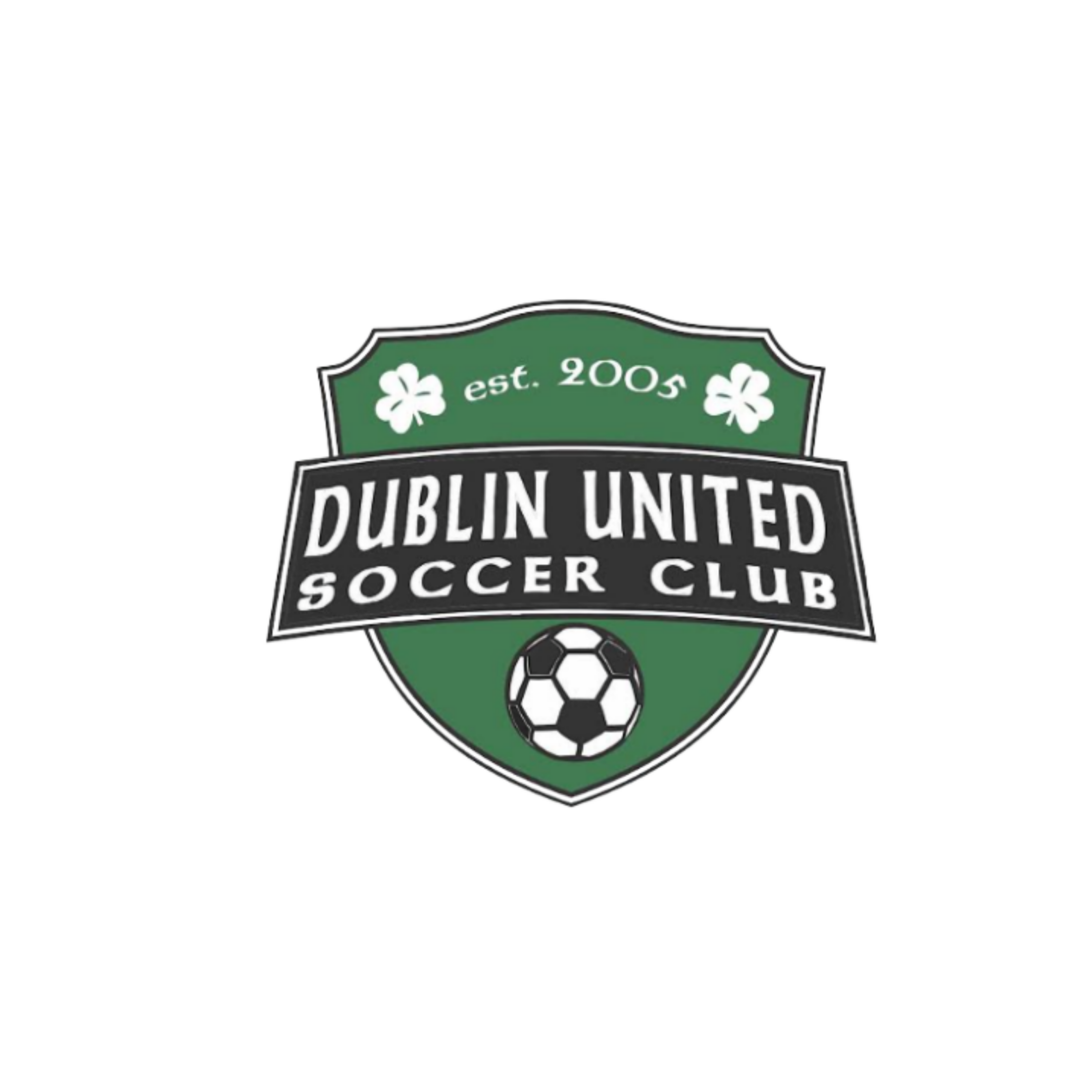 Logo of Dublin United Soccer Club with soccer ball and shamrocks.