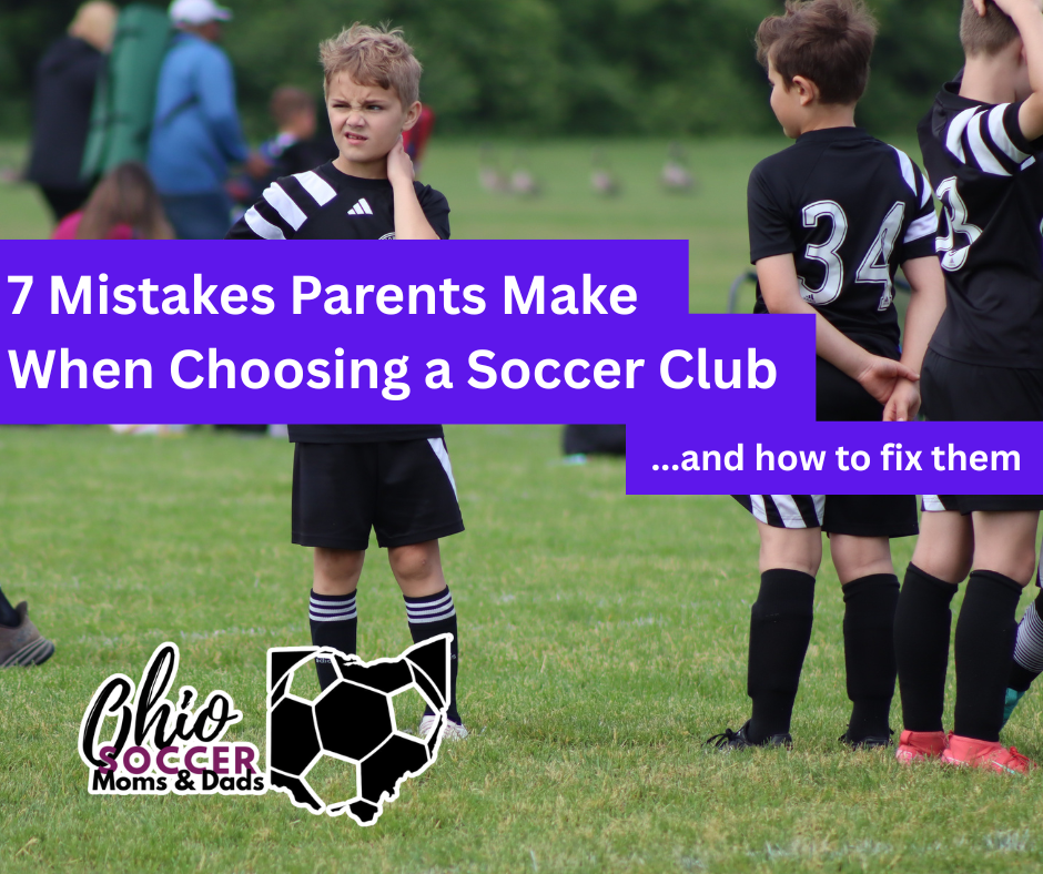 Image of soccer player looking confused with text overlayed saying 7 mistakes parents make when choosing a soccer club.