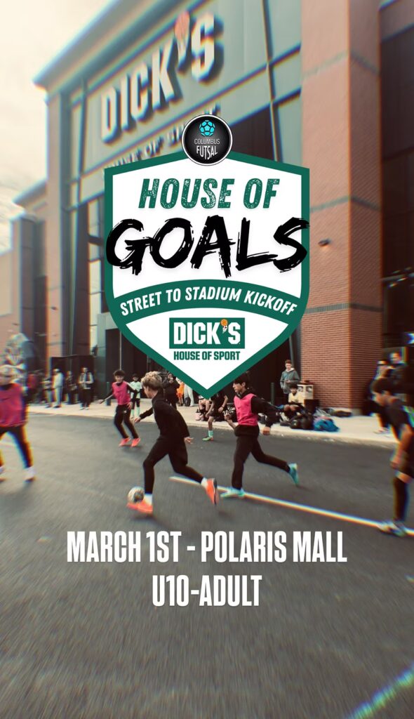 Kids playing soccer outside Dick's store.