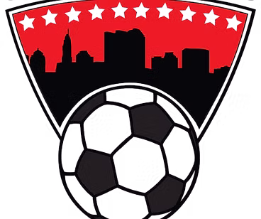 Soccer emblem with city skyline silhouette.